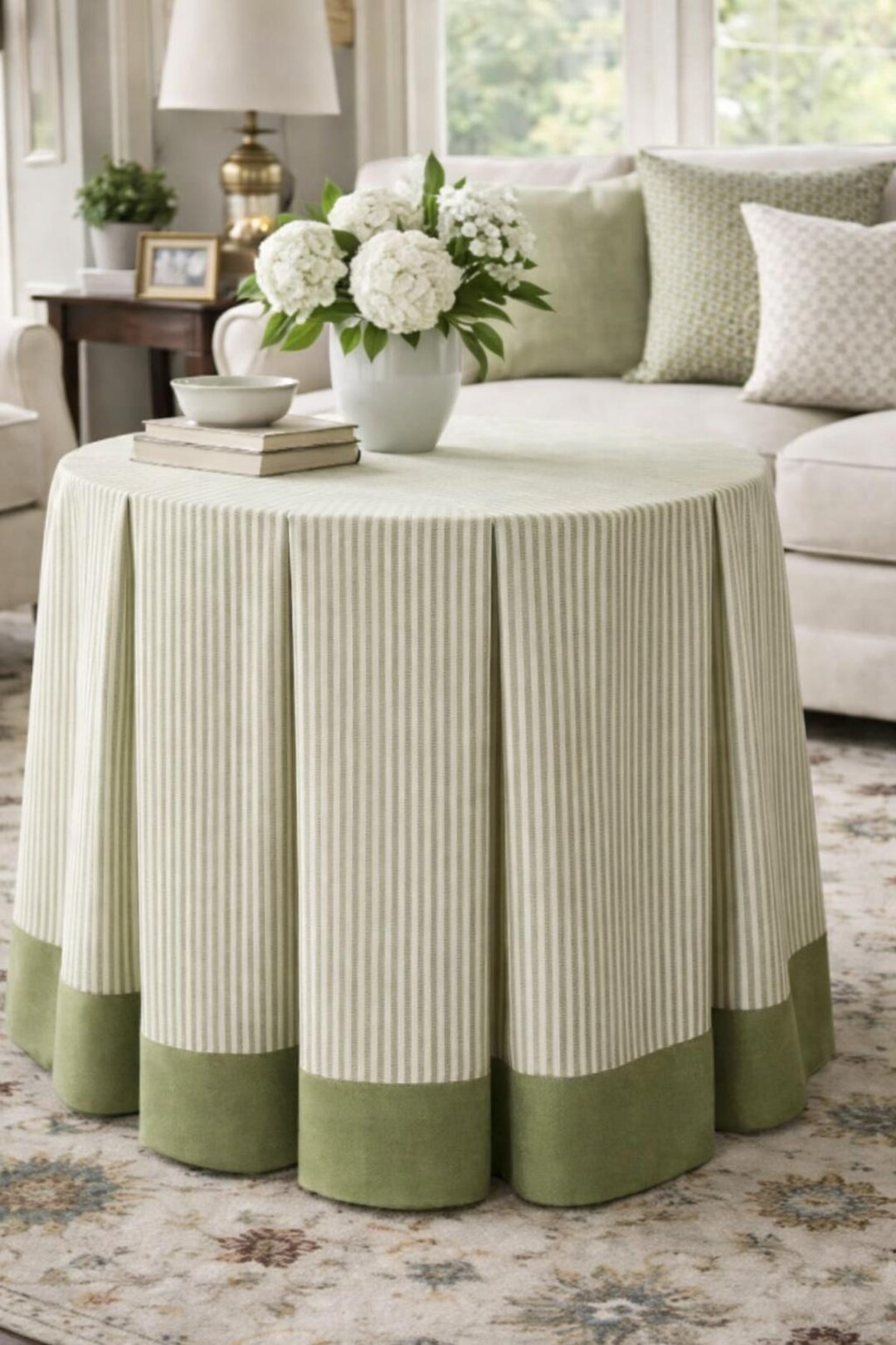 Eight pleats Olive green Ticking stripe tableskirt with hem band, Round table-skirt pleated tailo... | Etsy (US)