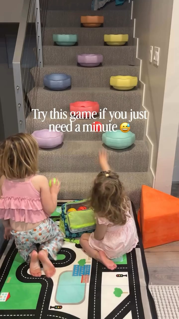 Try this game if you jsut need a minute! 😅

This kept my girls having fun for probably 20 min. We made it even more fun by adding in a prize! Get the ball in the top stepping stone and you get 3 pieces of candy 🍭 

#nuby #toddlergames #kidsactivities #stepstonegame