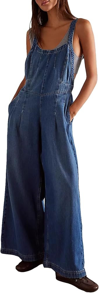 D-Sun Women Denim Overalls Wide Leg Bib Pants Adjustable Strap Sleeveless Jean Jumpsuit Backless ... | Amazon (US)