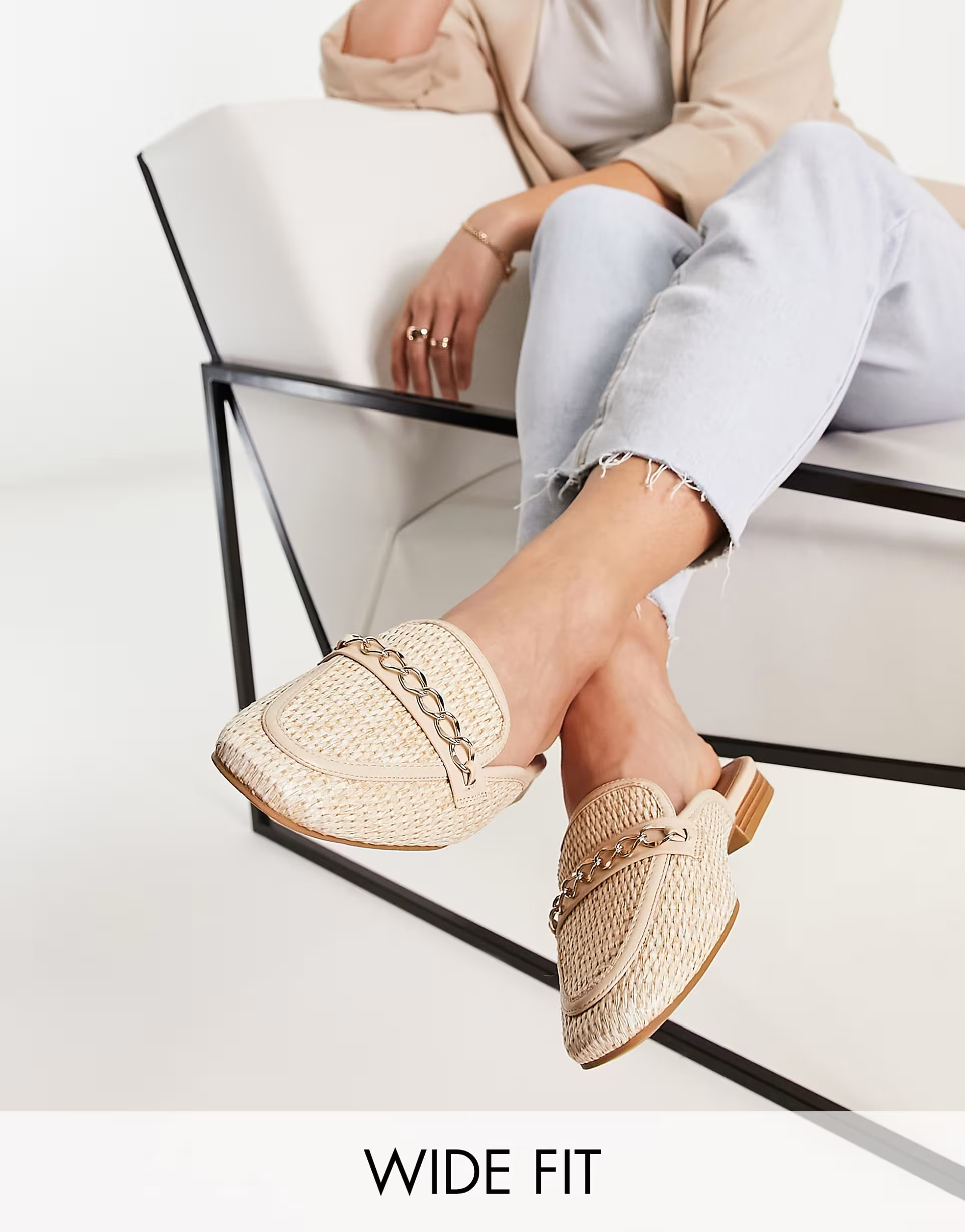 ASOS DESIGN Wide Fit Motto chain flat raffia mules in beige | ASOS (Global)
