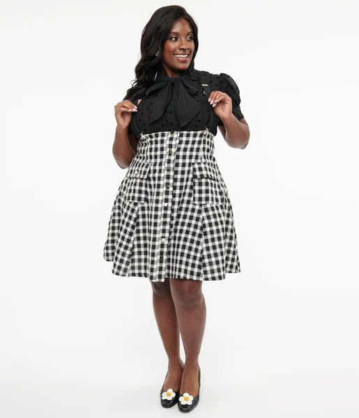 Unique Vintage Plus Size 1950s Black & White Gingham Suspender Flare Skirt | UniqueVintage