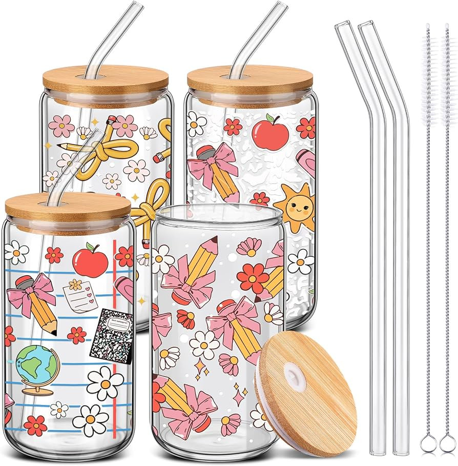 SiliFine 4 Pcs Back to School Teacher Glass Cups with Lids and Straws, 16 oz Pencil Coquette Bow ... | Amazon (US)