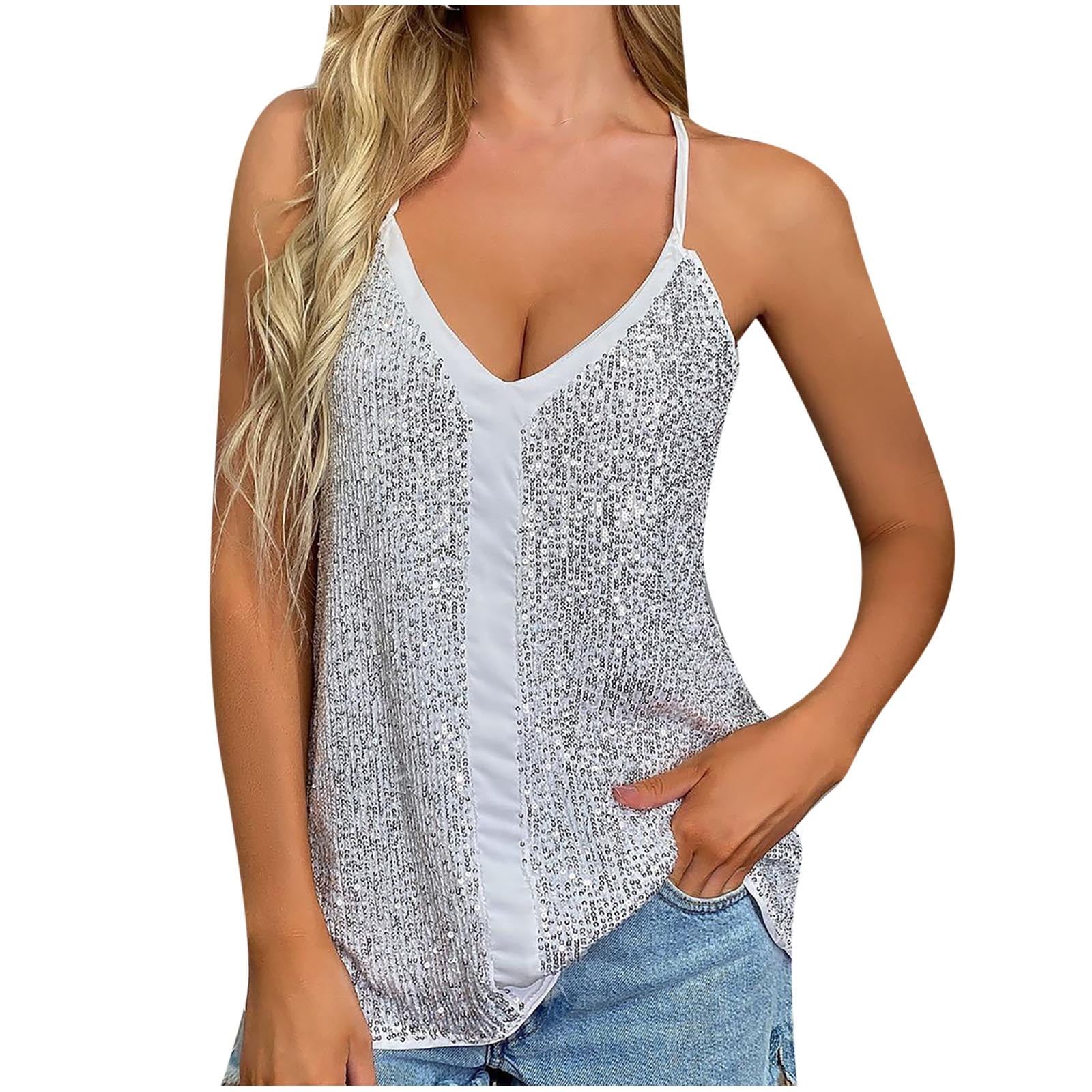 Women's Shimmer Sequin Tank Tops Embellished Sexy Deep V-Neck Spaghetti Straps Cami Tanks Vest Sh... | Walmart (US)