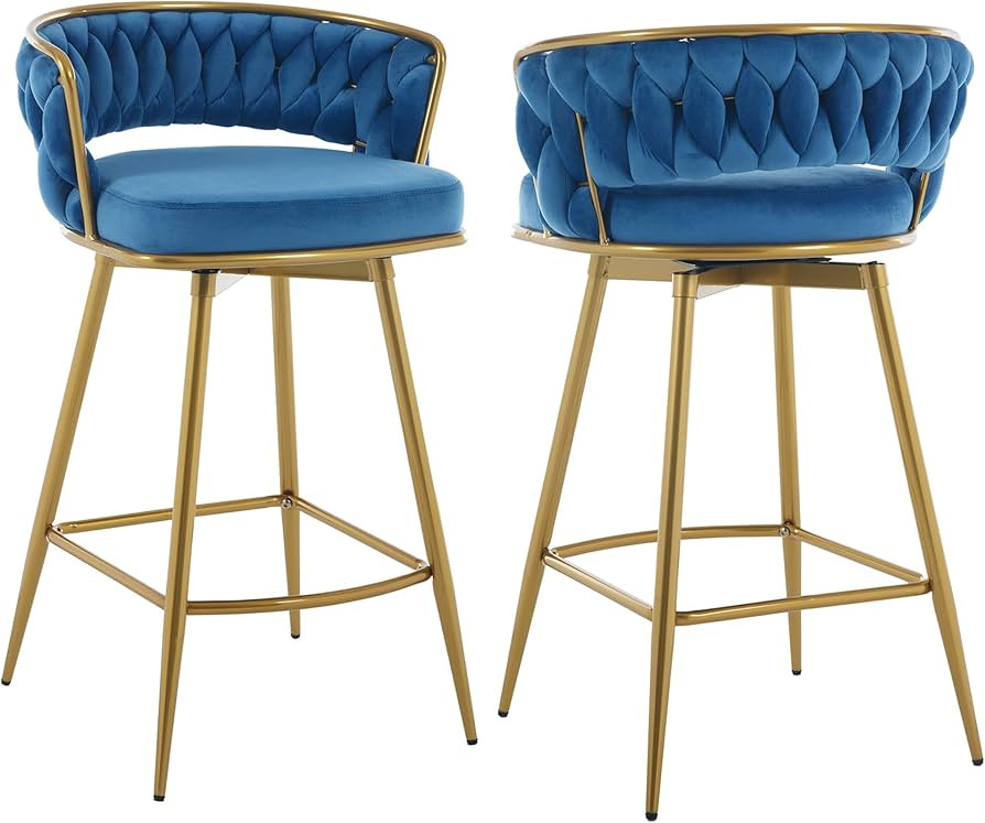 BFZ Velvet Bar Stools Set of 2, 26”Counter Height Bar Stools with Woven Backrest, Modern Luxury... | Amazon (US)