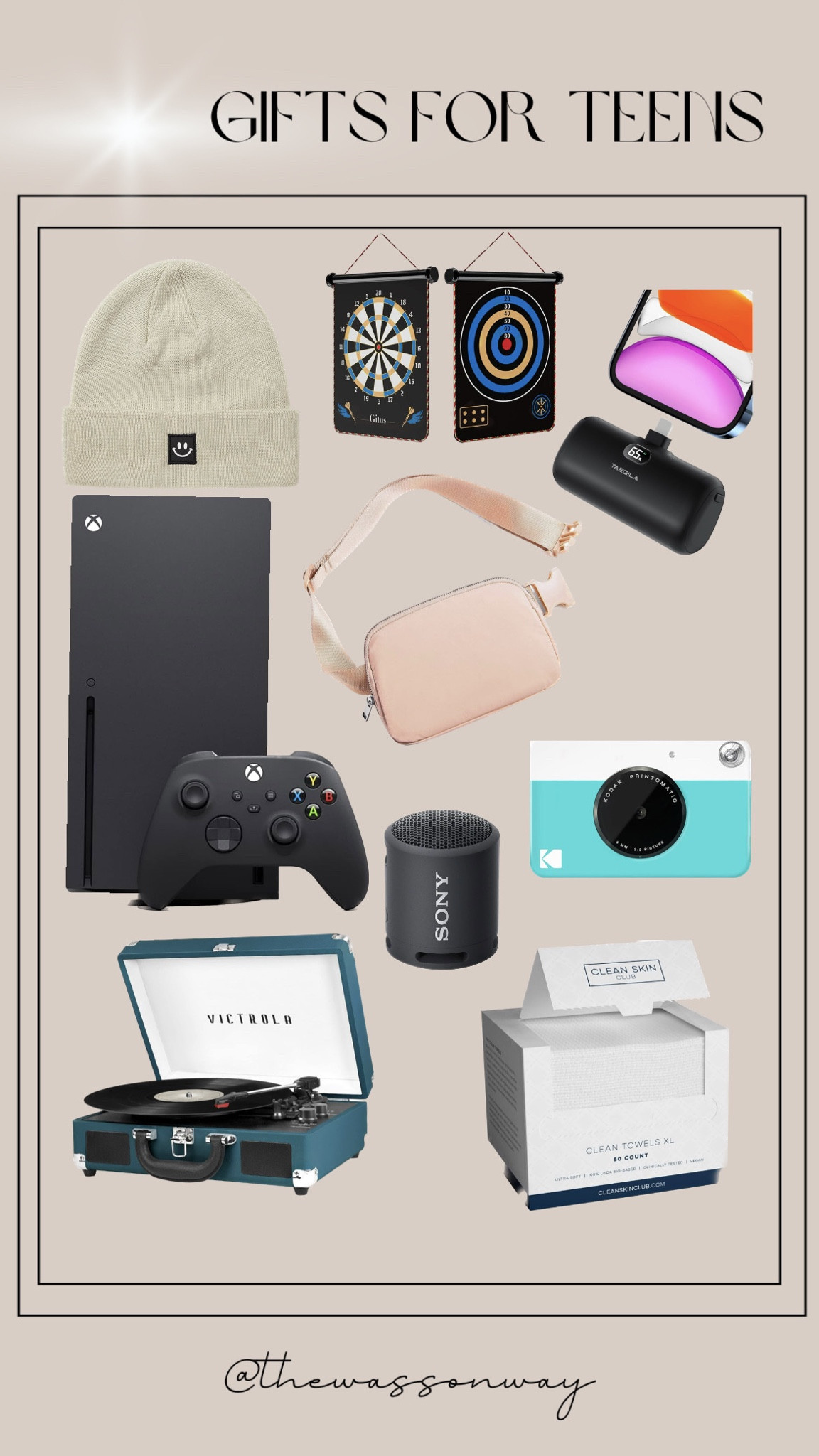 Gifts for teens. Xbox, Polaroid instant camera, camera, phone bank charger, clean towels, makeup remover wipes, belt bag for under $10, Sony Bluetooth speaker, record player, dart boards, beanie, stocking cap

#LTKGiftGuide #LTKHoliday #LTKSeasonal