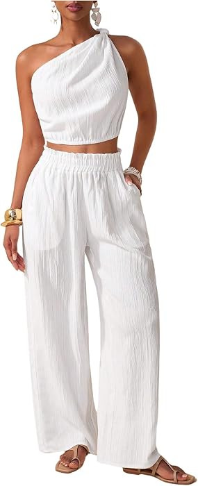 SOLY HUX Women's Summer Outfits One Shoulder Crop Top and Pants Cruise Wear 2 Piece Set | Amazon (US)
