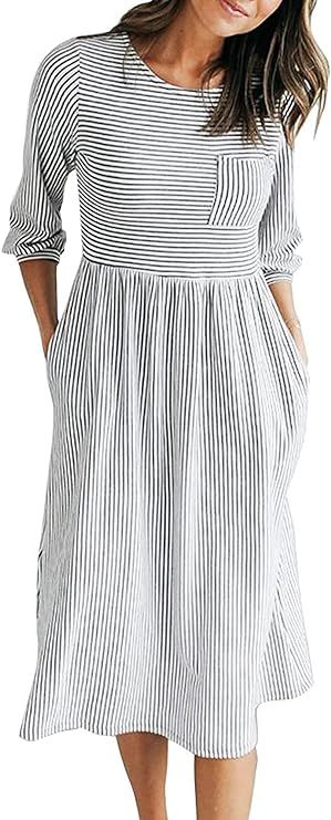 MEROKEETY Women's 3/4 Balloon Sleeve Striped High Waist T Shirt Midi Dress with Pockets | Amazon (US)