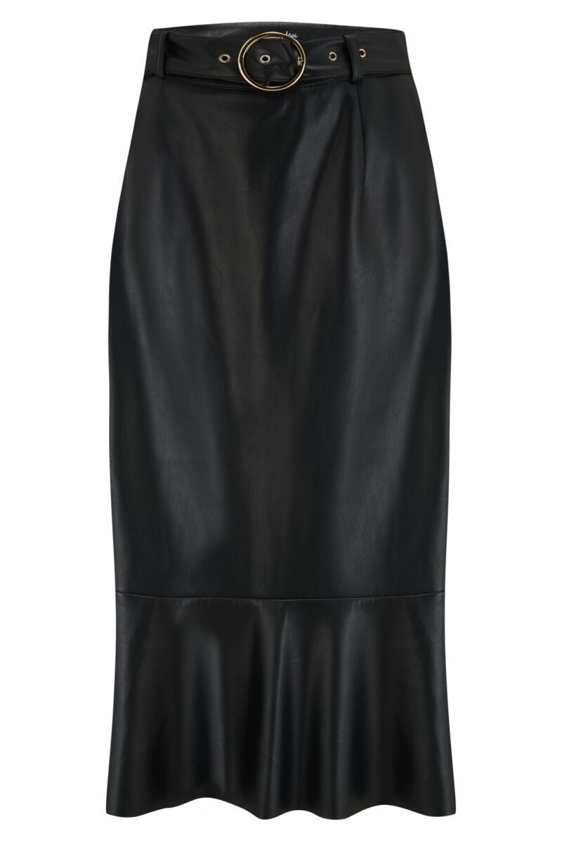 Phoebe Frill Hem Faux Leather Belted Midi Skirt - Black | Pour Moi