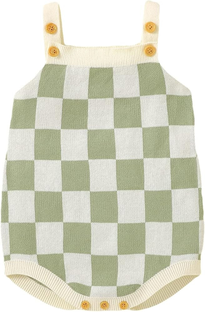 Gueuusu Newborn Baby Girl Summer Clothes Floral/Checkerboard Print Sleeveless Knitted Bodysuit Ro... | Amazon (US)