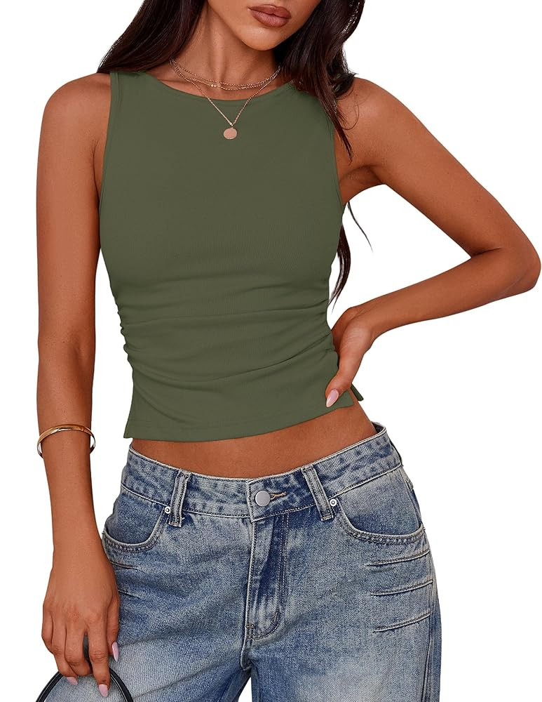 PRETTYGARDEN Women Going Out Tops Summer Clothes 2025 Trendy Split Hem Ruched Sleeveless Shirt Cu... | Amazon (US)