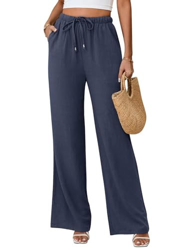 Jyanl Linen Pants for Women Flowy Palazzo Pants Boho High Waist Wide Leg Trousers Summer Beach Vacation Outfits 2025 Navy | Amazon (US)