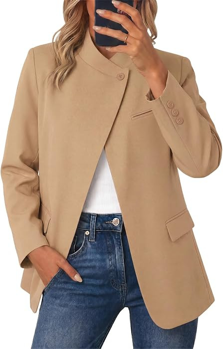 Cicy Bell Women Plaid Blazer Business Stand Collar Open Front Suit Jacket | Amazon (US)