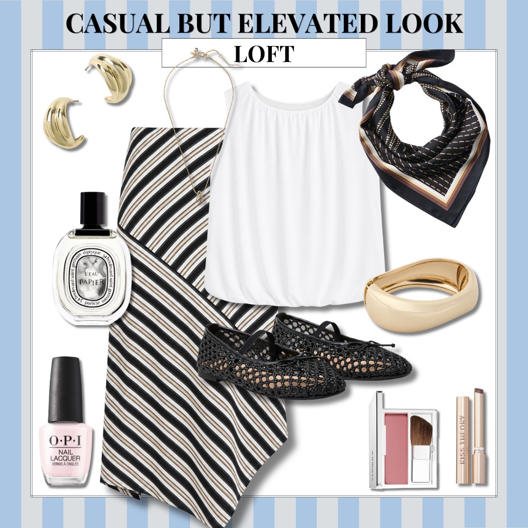 This is my kind of casual when I still have somewhere to be. The striped skirt and simple white top do the heavy lifting, then the scarf, gold jewelry and mesh flats make the whole look feel more intentional.

LOFT outfit, striped skirt, casual outfit, summer to fall style, mesh flats, neutral outfit, women’s fashion, everyday style, midi skirt outfit, gold accessories, transitional outfit, AudrieDollins

#LTKootd #LTKdayinmylife #LTKSeasonal