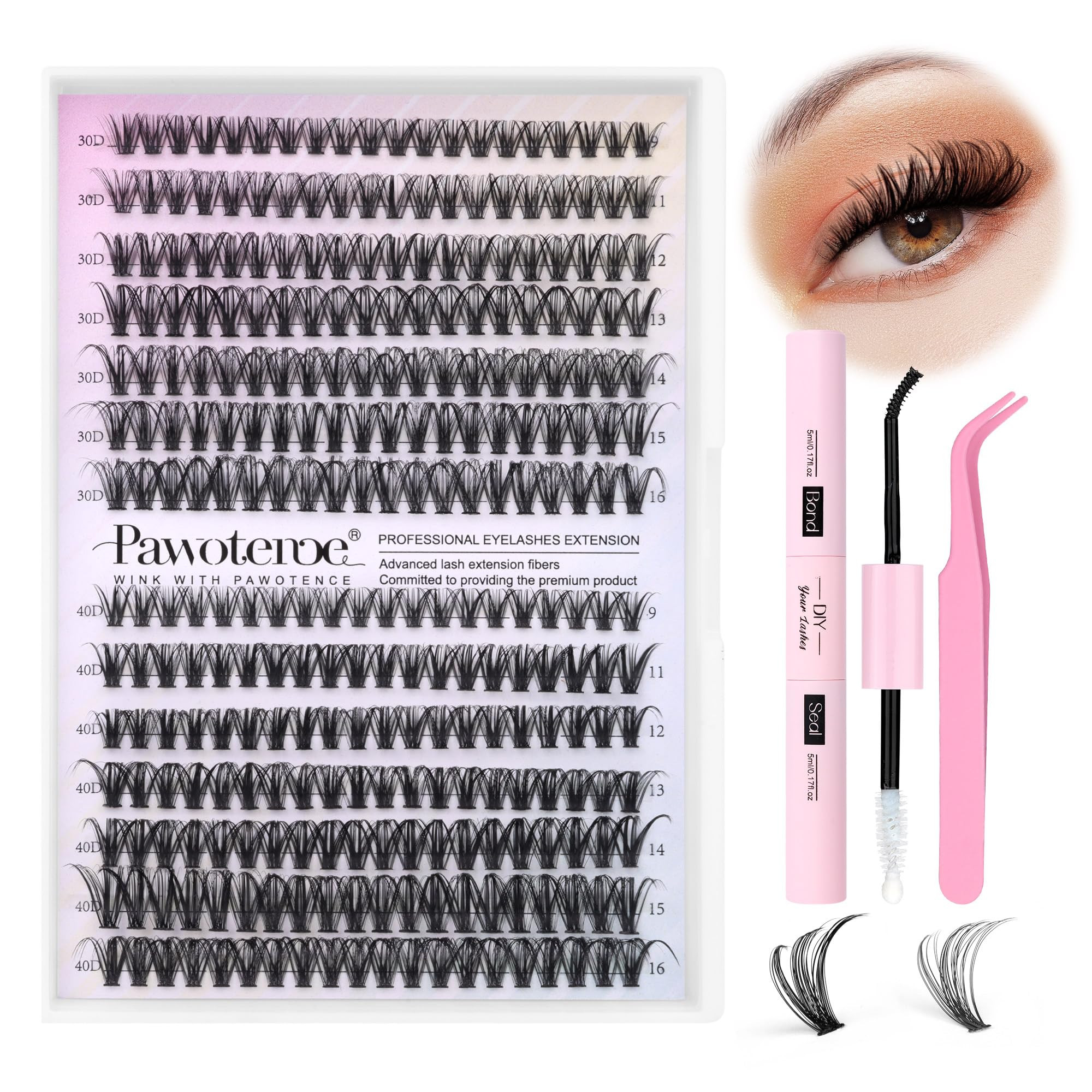Pawotence Lash Extension Kit DIY 280pcs Lash Clusters Eyelash Extension Kit, 9-16mm 30D 40D Indiv... | Amazon (US)