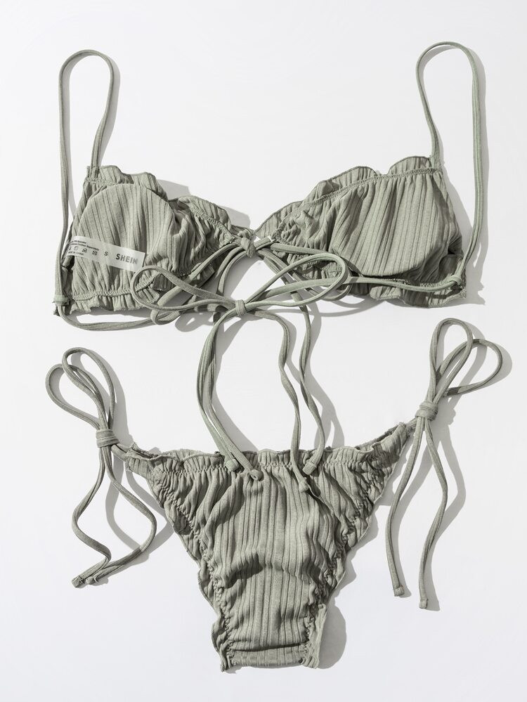 Rib Lettuce Trim Bikini Swimsuit | SHEIN