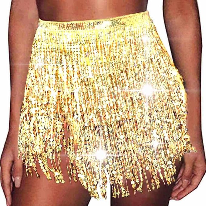 REETAN Boho Belly Skirt Sequins Belly Hip Scarf Tassel Fringe Skirt Rave Party Dance Performance ... | Amazon (US)