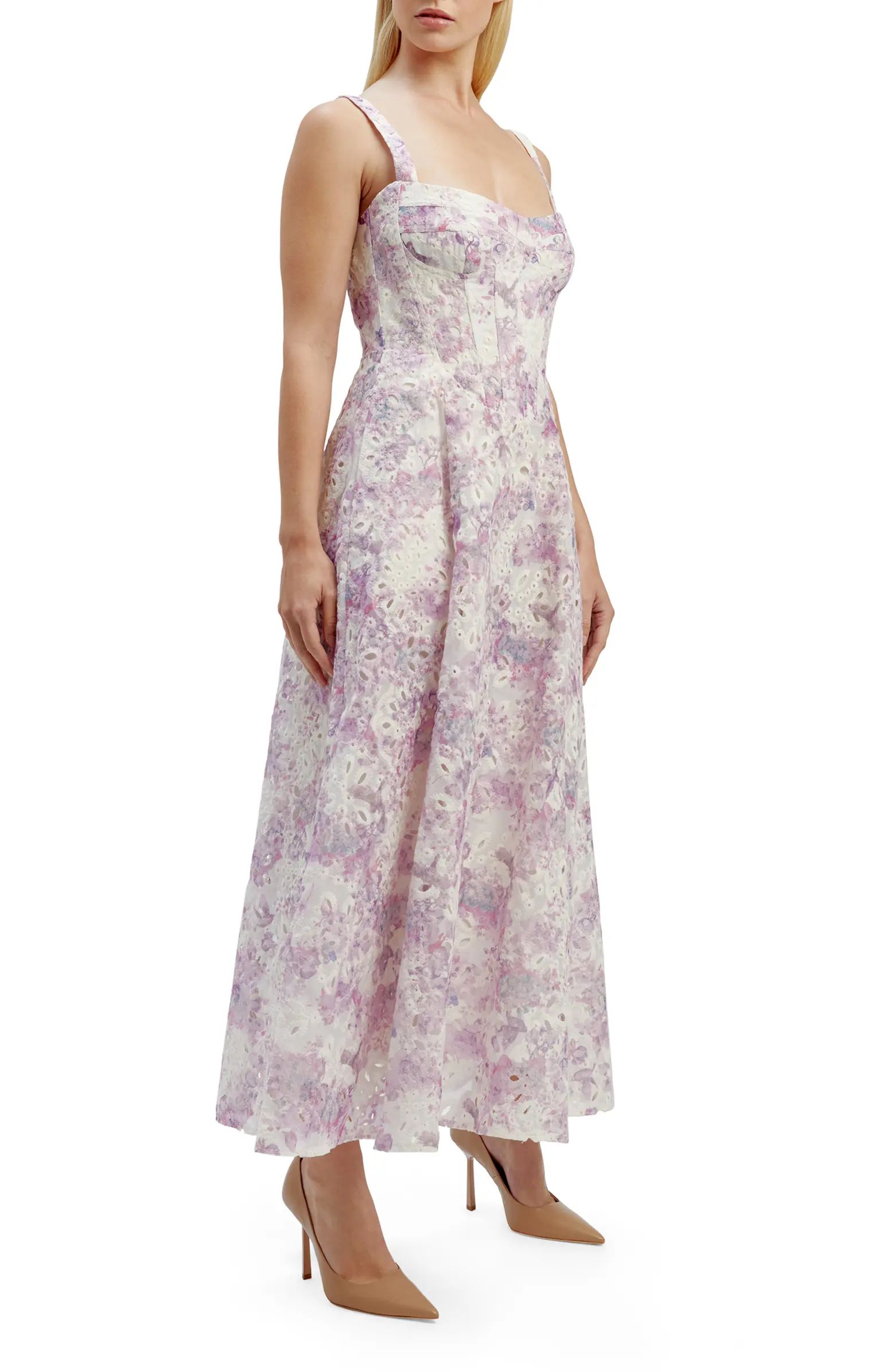 Bardot Adaline Eyelet Floral Corset Midi Dress | Nordstrom | Nordstrom