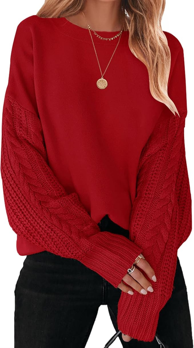 ZESICA Women's Fall Long Sleeve Crew Neck Solid Color Cable Knit Chunky Casual Oversized Pullover... | Amazon (US)