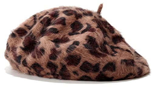 Fluffy Leopard Print Beret Hat Trendy Cheetah Pattern French Hats Winter Warm Artist Caps for Women Lady, Brown | Amazon (US)