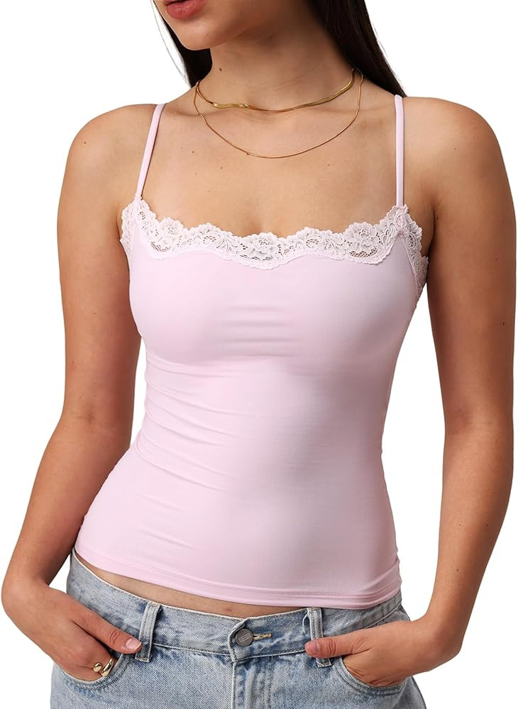 Starrylion Padded Lace Cami Top Double Lined Sexy Tank Top Spaghetti Strap Club Party Shirt | Amazon (US)