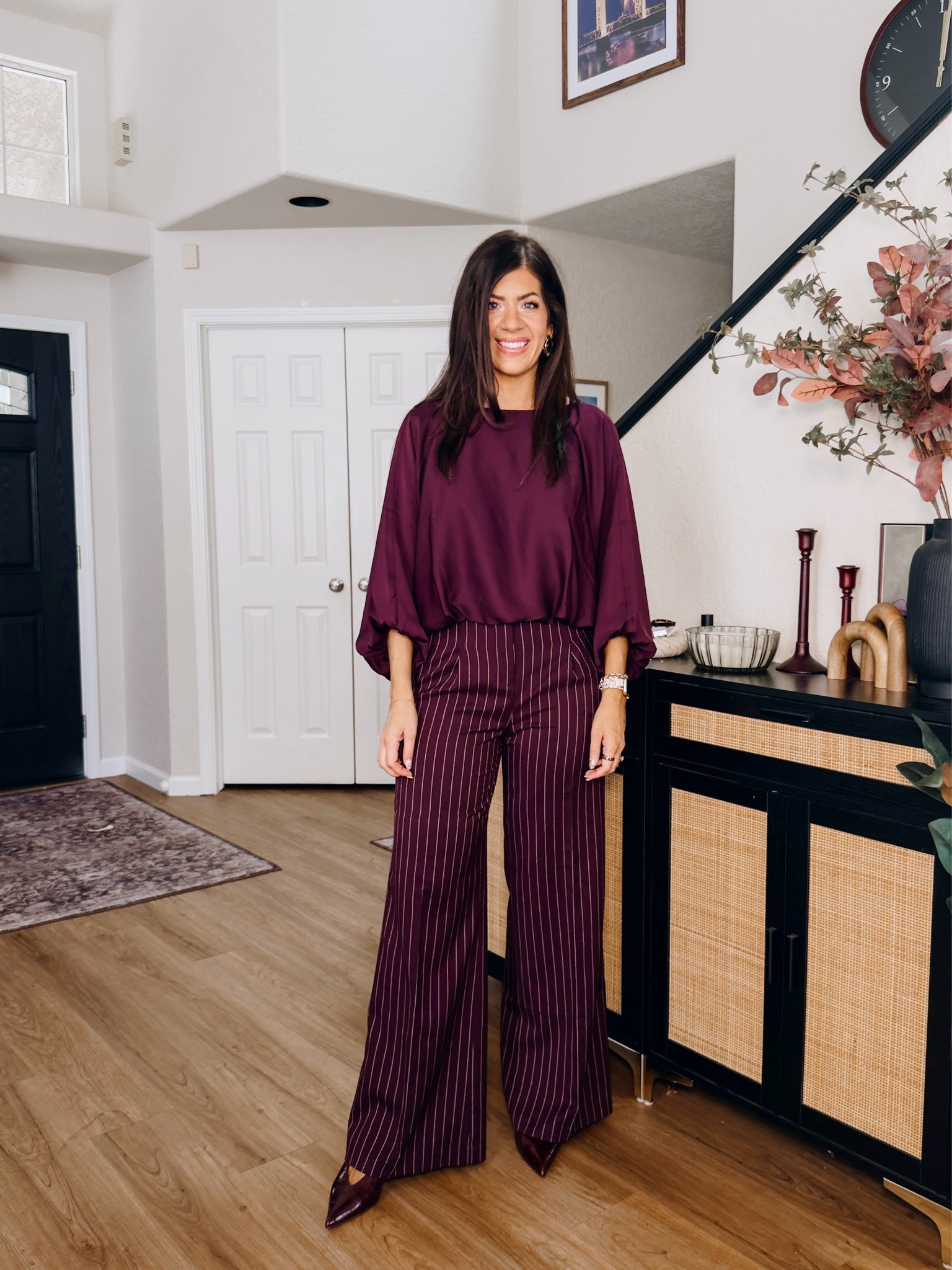 30% off fall finds 
Medium balloon satin top
10 pinstripe wide leg trouser

#LTKSaleAlert #LTKMidsize #LTKWorkwear