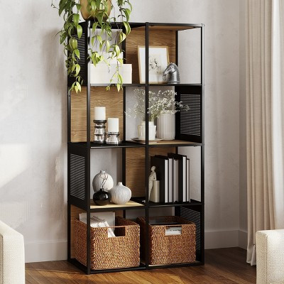 Hastings Home Industrial-Style Cube Storage Organizer, Wood and Metal Bookcase Freestanding Bookshelf for the Home or Office, Oak and Black | Target