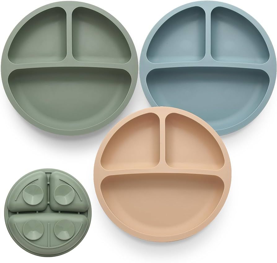 Toddler Plates 3 Pack, Divided Suction Plates for Baby, 100% Food Grade Silicone Baby Plates, Non... | Amazon (US)