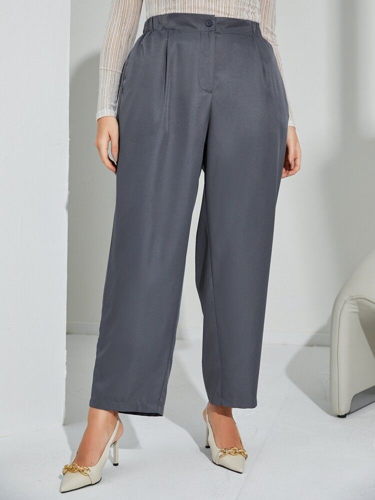 Plus Slant Pocket Fold Pleated Tailored Pants | SHEIN