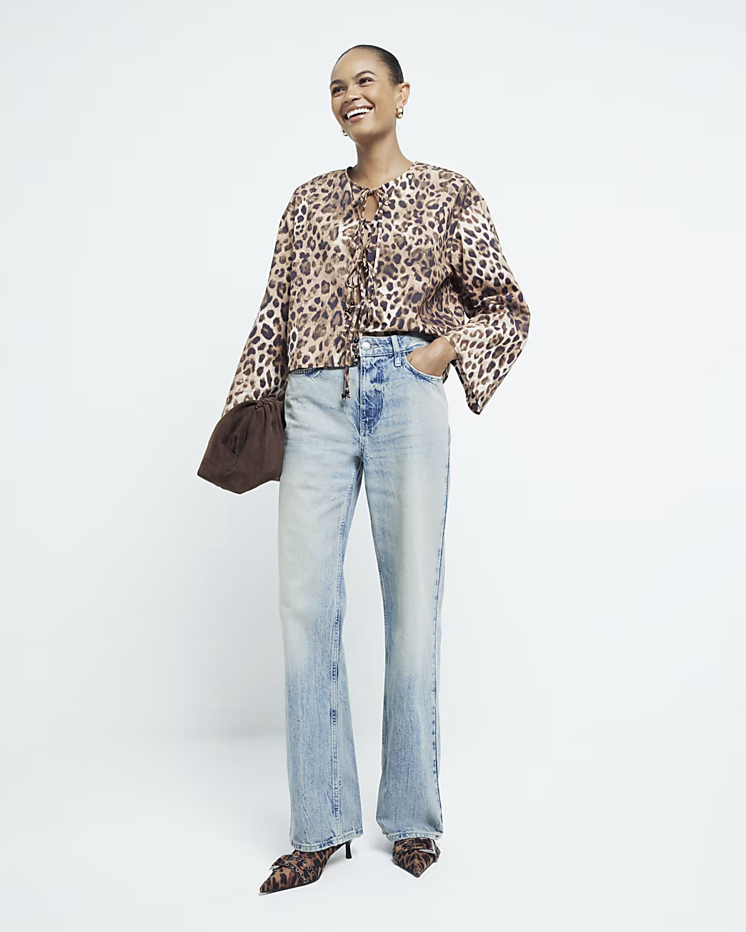 Brown Poplin Leopard Print Tie Front Top | River Island (UK & IE)