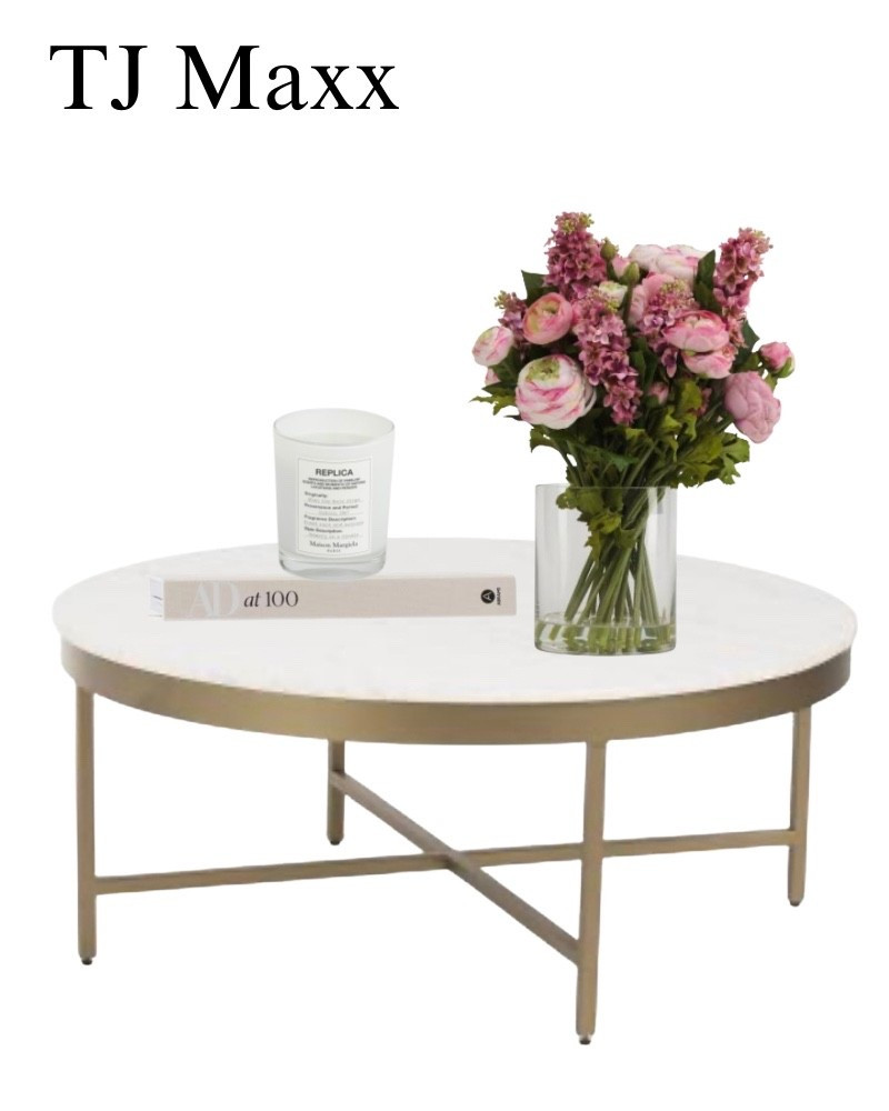 Round brass, coffee table, Lillian, August, flowers, replica candle, coffee, table, book, the living room, office, bathroom, French, modern, coastal, pink.

#LTKHome #LTKSaleAlert