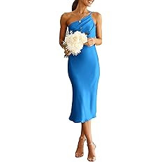 PRETTYGARDEN Women's Midi Satin Dress One Shoulder Spaghetti Strap Backless Ruched Summer Bodycon... | Amazon (US)