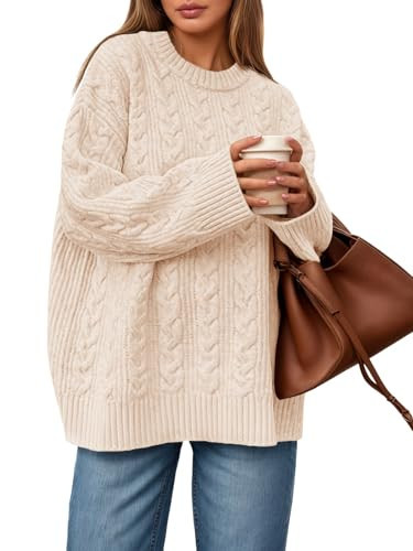 Saodimallsu Womens Cable Knit Sweater Oversized Long Sleeve Chunky Knit Crew Neck Fall Pullover Sweaters Top Beige | Amazon (US)