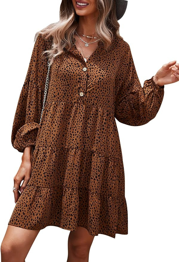 TEMOFON Womens Long Sleeve Dress: Leopard Printed Tunic Casual Loose V Neck Fall Flowy Mini Dress... | Amazon (US)