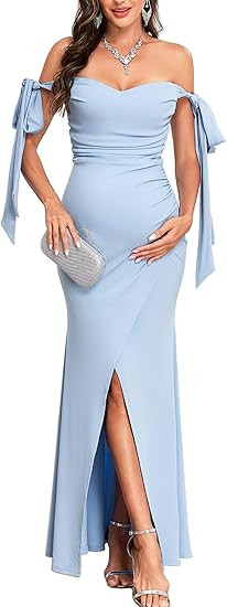 CYCLAMEN Maternity Dress Off Shoulder Ruched Ribbed Knit Gown with Adjustable Bow Tie Straps & Sl... | Amazon (US)
