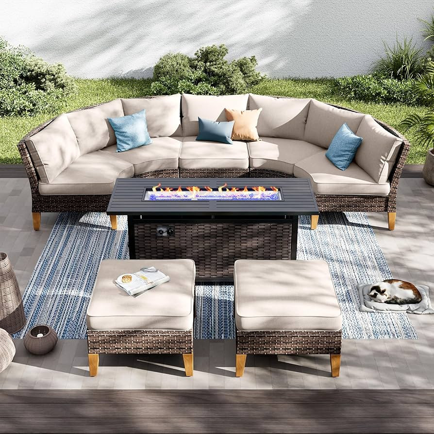 PHI VILLA 6-Piece Wicker Patio Furniture Set with Fire Pit Table, Outdoor Half-Moon Curved Sectio... | Amazon (US)