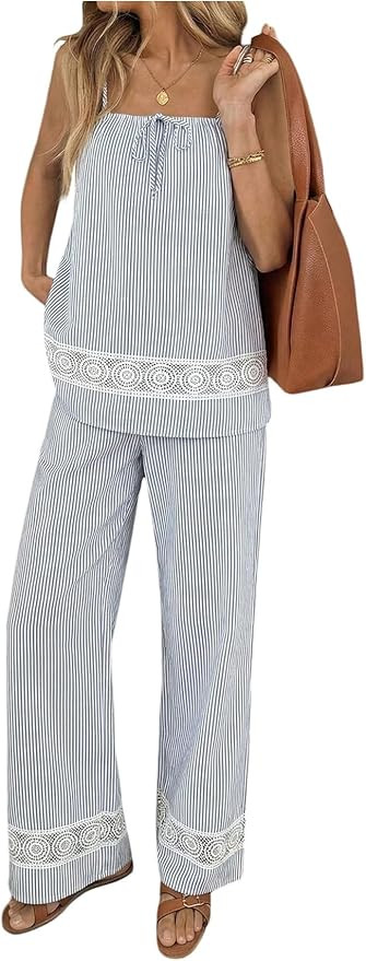 MakeMeChic 2 Piece Sets for Women Outfit Summer Vacation Lace Matching Set | Wide Leg Pants Set, ... | Amazon (US)