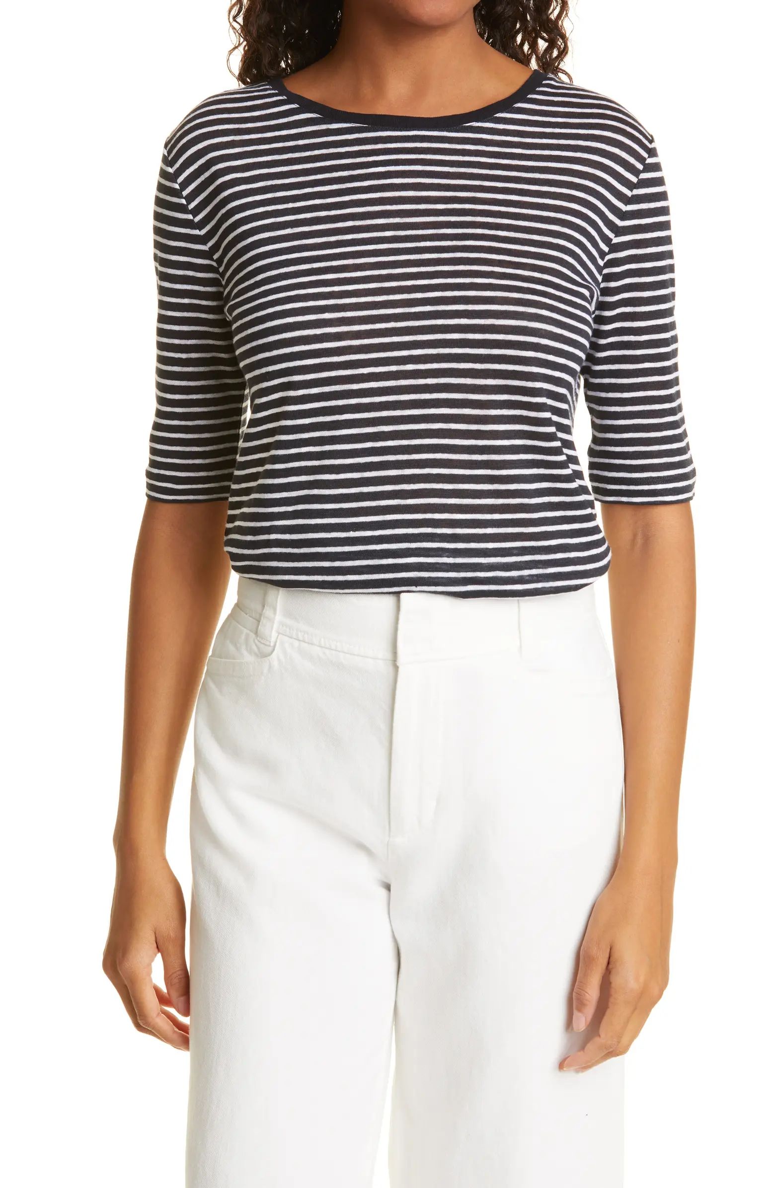 Vince Stripe Elbow Sleeve Linen Top | Nordstrom | Nordstrom