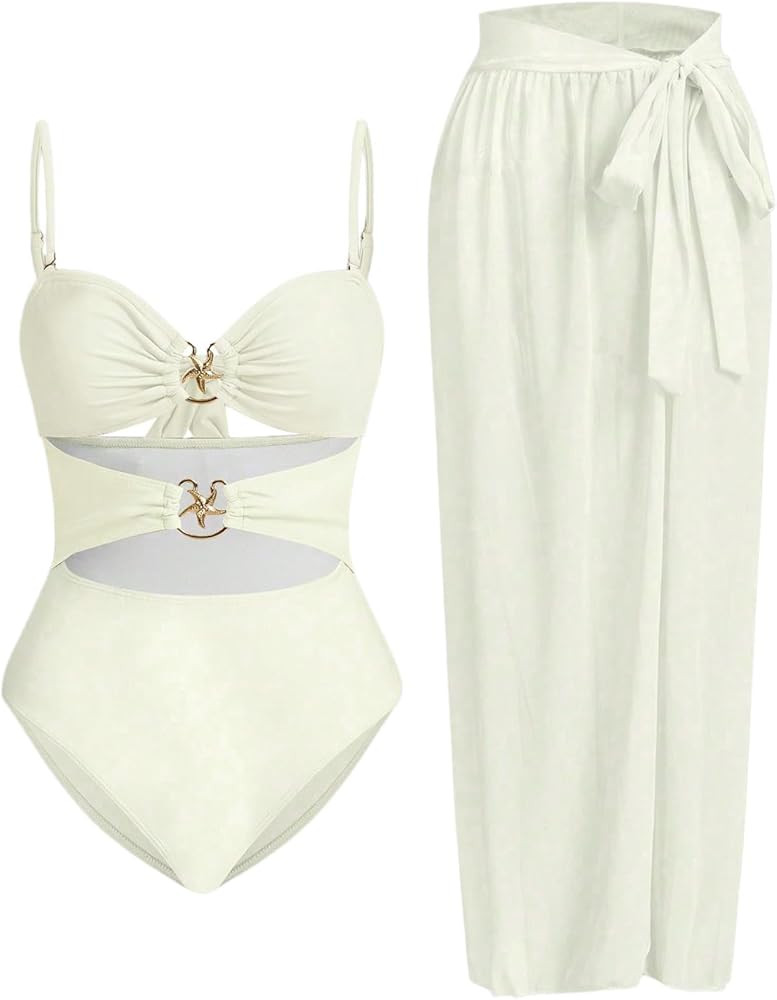 Verdusa Women's Cut Out One Piece Backless Wireless Swimsuit with Cover Up Skirt | Amazon (US)