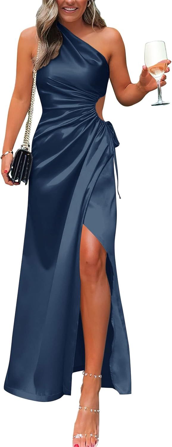 BTFBM Women 2023 One Shoulder Prom Dresses Sleeveless Cutout Ruched Adjustable Split Satin Party ... | Amazon (US)