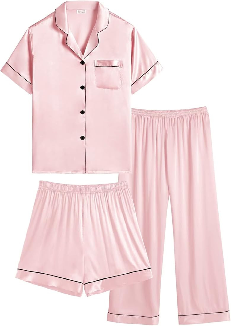 SWOMOG 3 pcs Kids Girls Boys Satin Pajamas Set Silk Button-Down PJs Sets Soft Lounge Sets Short Slee | Amazon (US)