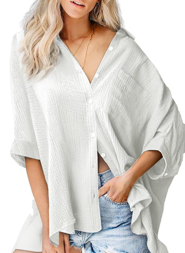 Astylish Women Oversized Button Down Shirts 3/4 Sleeve Blouse V-Neck Textured Shirts | Amazon (US)