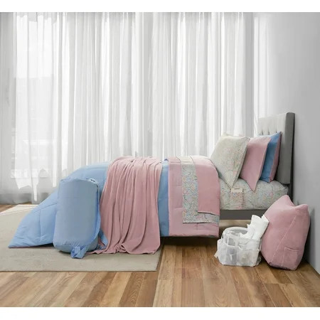 14pc College Dorm Essentials Bundle, Twin-XL, Reversible Bed in a Bag Comforter Set, Light Blue and Pink | Walmart (US)