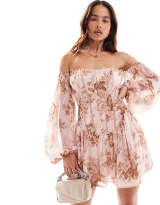 ASOS DESIGN bardot corset mini dress with pephem in pink floral print | ASOS (Global)