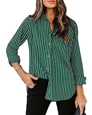 siliteelon Womens Button Down Shirts Cotton Striped Dress Shirt Long Sleeve Collared Office Work ... | Amazon (US)