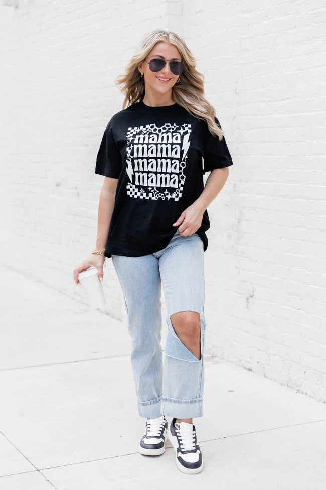 Mama Checkered Lightning Bolt Black Oversized Graphic Tee | Pink Lily