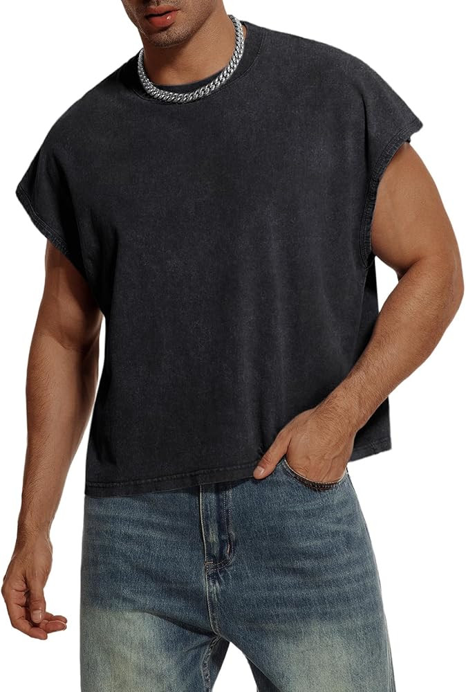 Mens Acid Wash Cropped Tank Tops Dolman Sleeve T Shirt Oversized Vintage Muscle Sleeveless Boxy T... | Amazon (US)