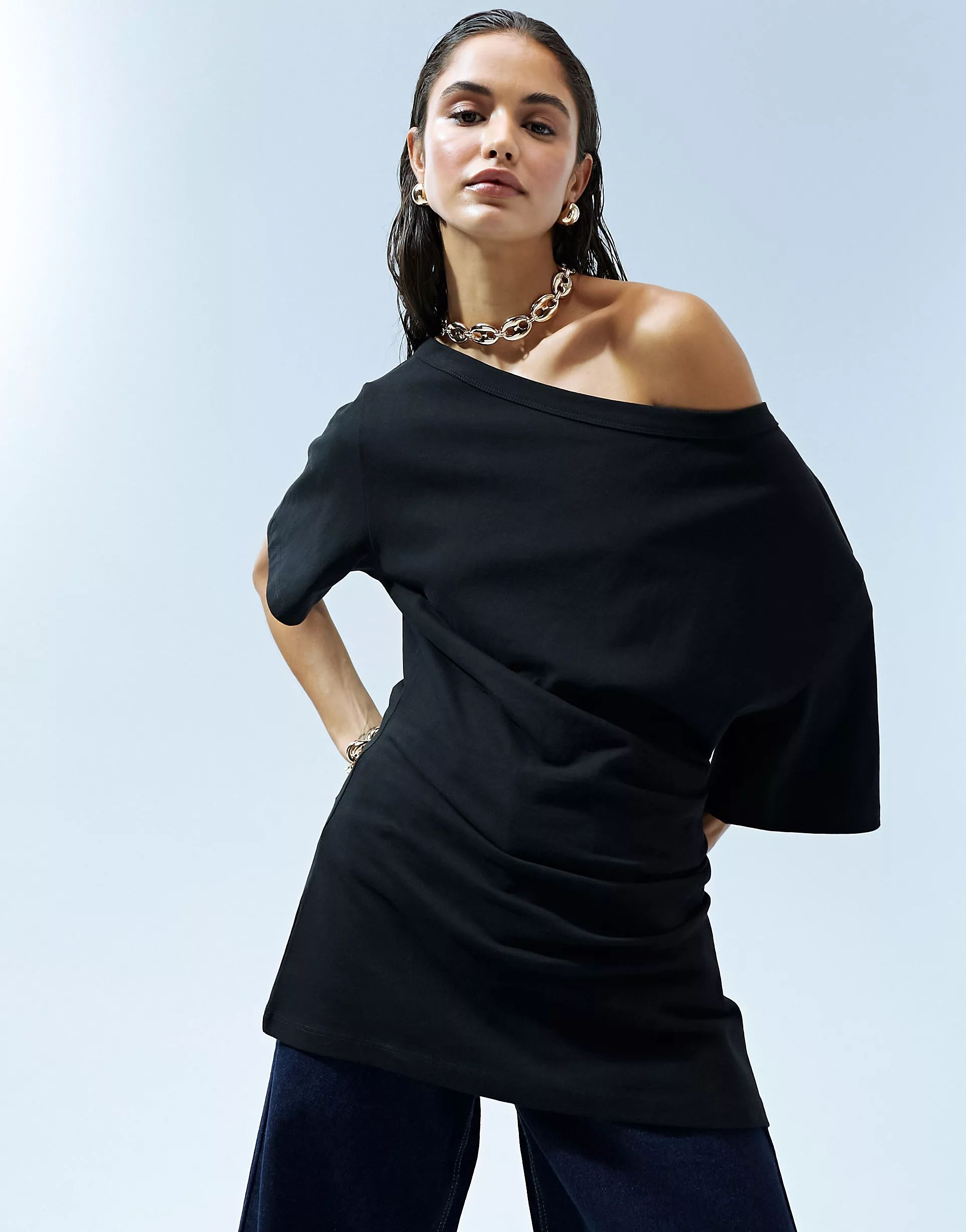 ASOS DESIGN cinched in slash neck one shoulder top in black | ASOS (Global)