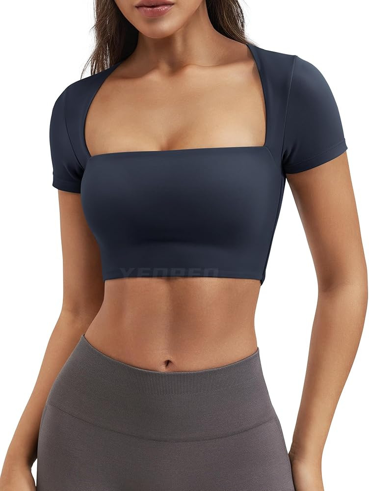 YEOREO Women's Short Sleeve T Shirt Ada Sexy Square Neck Crop Top Slim Fit Crop | Amazon (US)