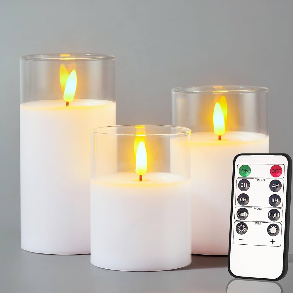 Glass Battery Operated LED Flameless Candles with Remote and Timer, Real Wax Candles Warm Color F... | Amazon (US)