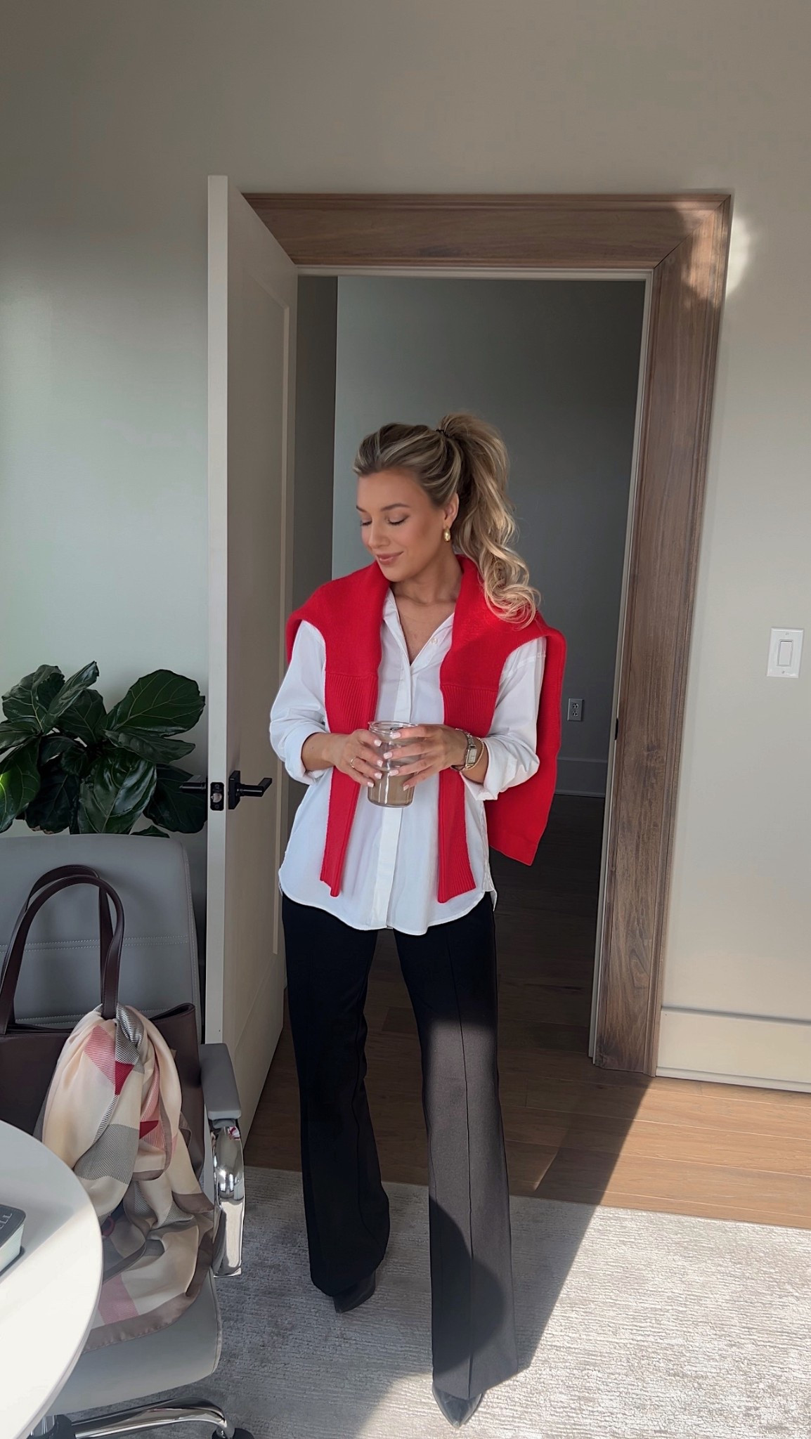 Obsessed with my new back high coated trousers from quince! These are soo good! If you struggle with a pant being fitted in your waist, you will love these! I’m 5’2” and ordered the XS 32 length for extra length! They fit perfect. Red sweater is attached- from Amazon! ❤️ perfect office outfit for the the holidays or just winter itself! 

#LTKWorkwear #LTKootd #LTKHoliday